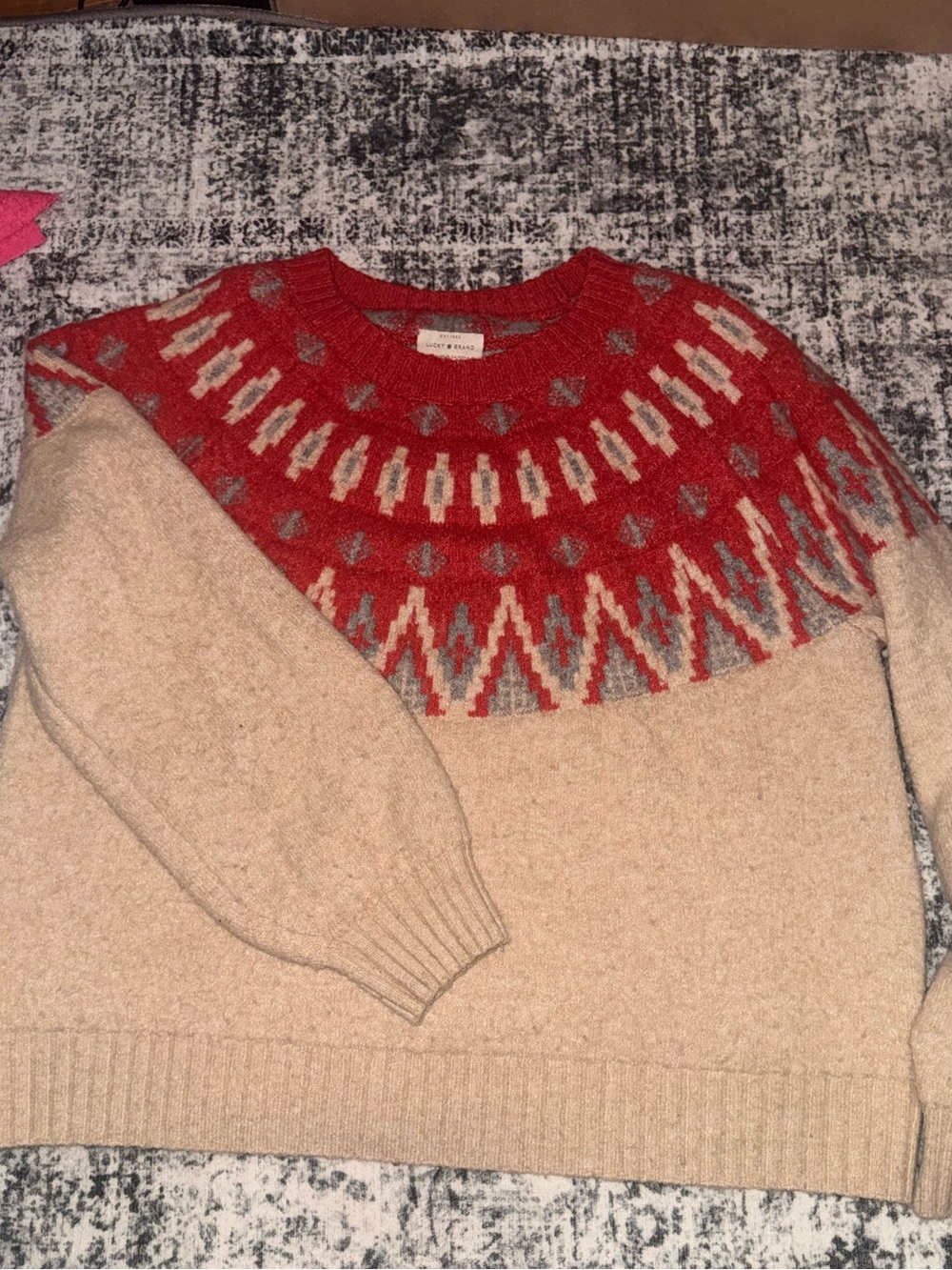 Lucky Brand Beige Crewneck Sweater with Red Fair Isle Yoke